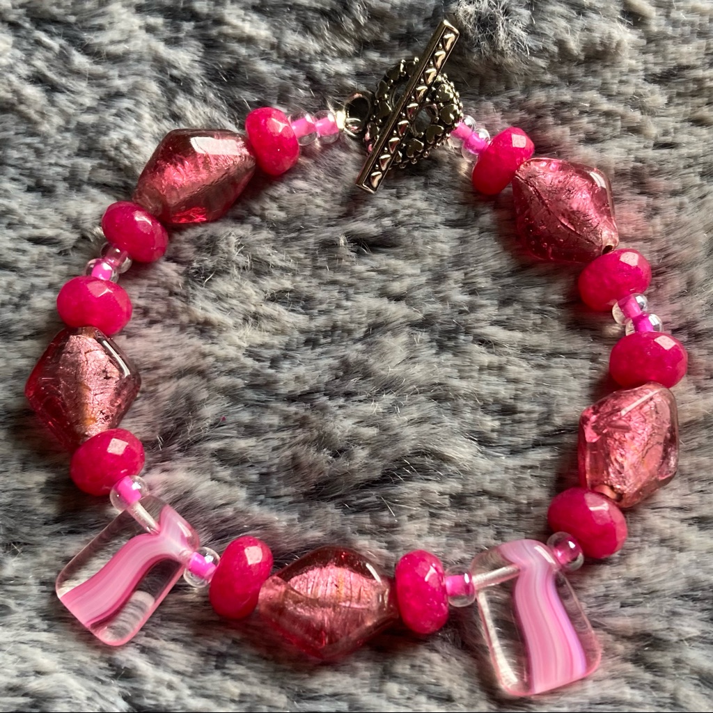 Pink Artglass & Malaysia Jade Bracelet